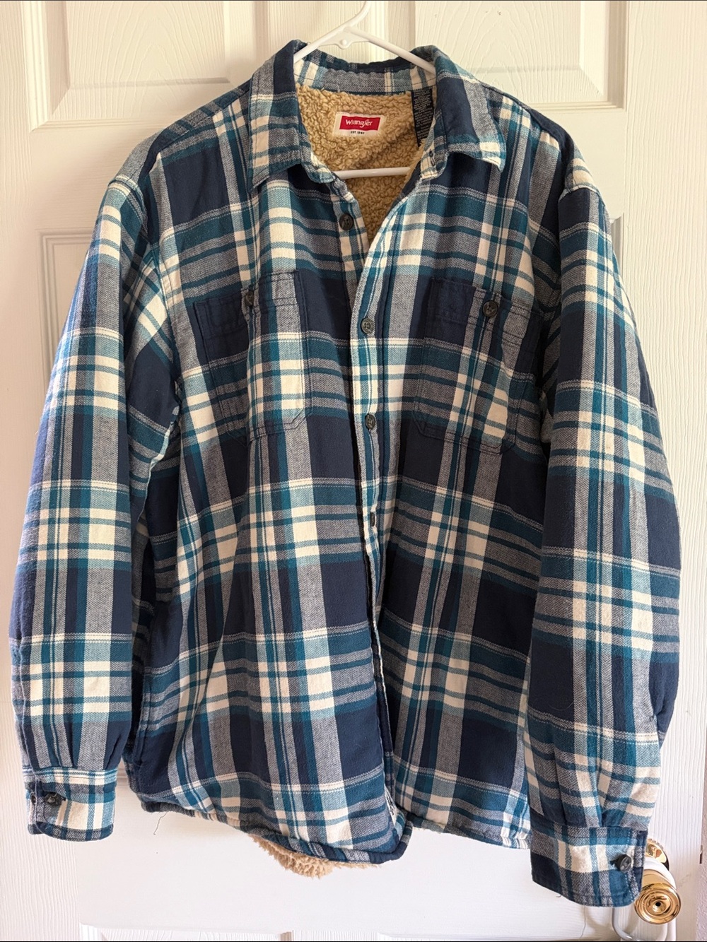 Wrangler Navy and Teal Plaid Sherpa-Lined Shacket